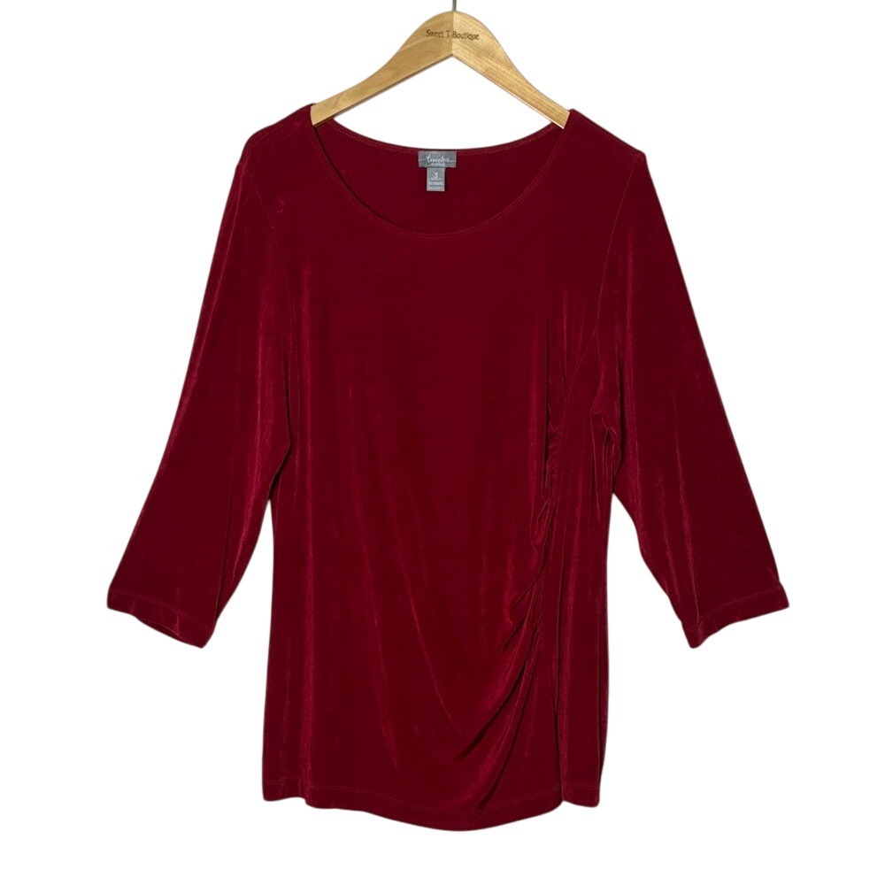 CHICO'S Travelers US XL Red 3/4 Sleeve Gathered Tunic Top Flattering Holiday